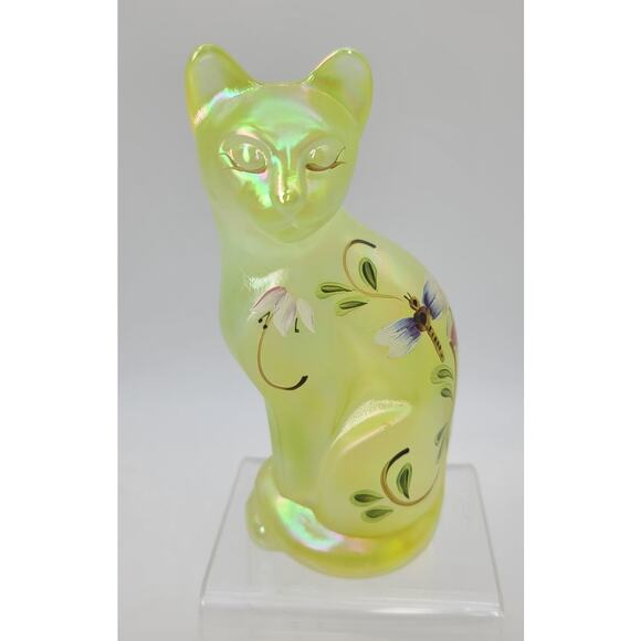 Fenton 2000 Vaseline Glass Topaz Opalescent Stylized Cat HP Signed P. HayHurst